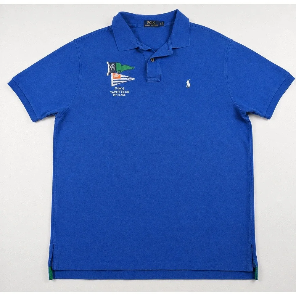 Polo Ralph Lauren Mens L Blue Yacht Club Flag Patch Applique Polo Shirt Y2K